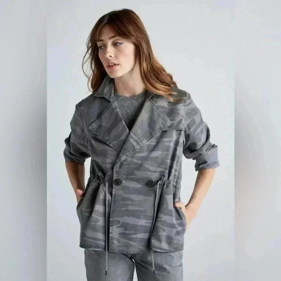 Lucky Brand Blue Grey Printed Camo Cropped Trench Coat Jacket Size Medium M - Picture 1 of 11